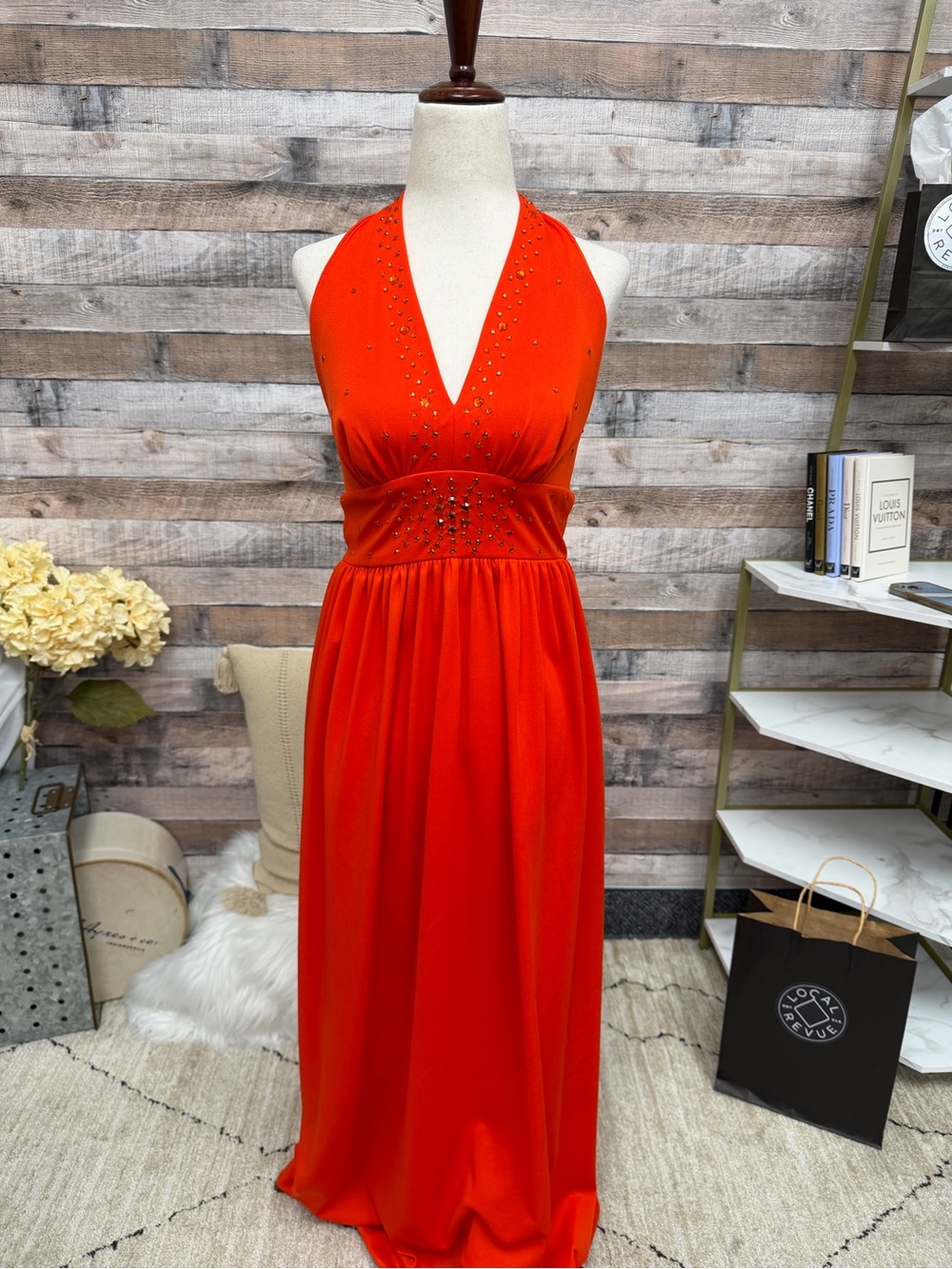 Tomato Red Halter Dress w/Bodice Beading Small